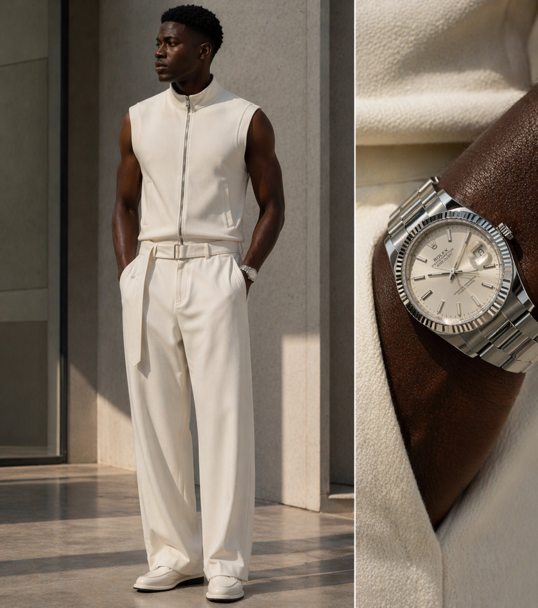 Man wearing a white outfit with a watch on a close-up of a wrist.